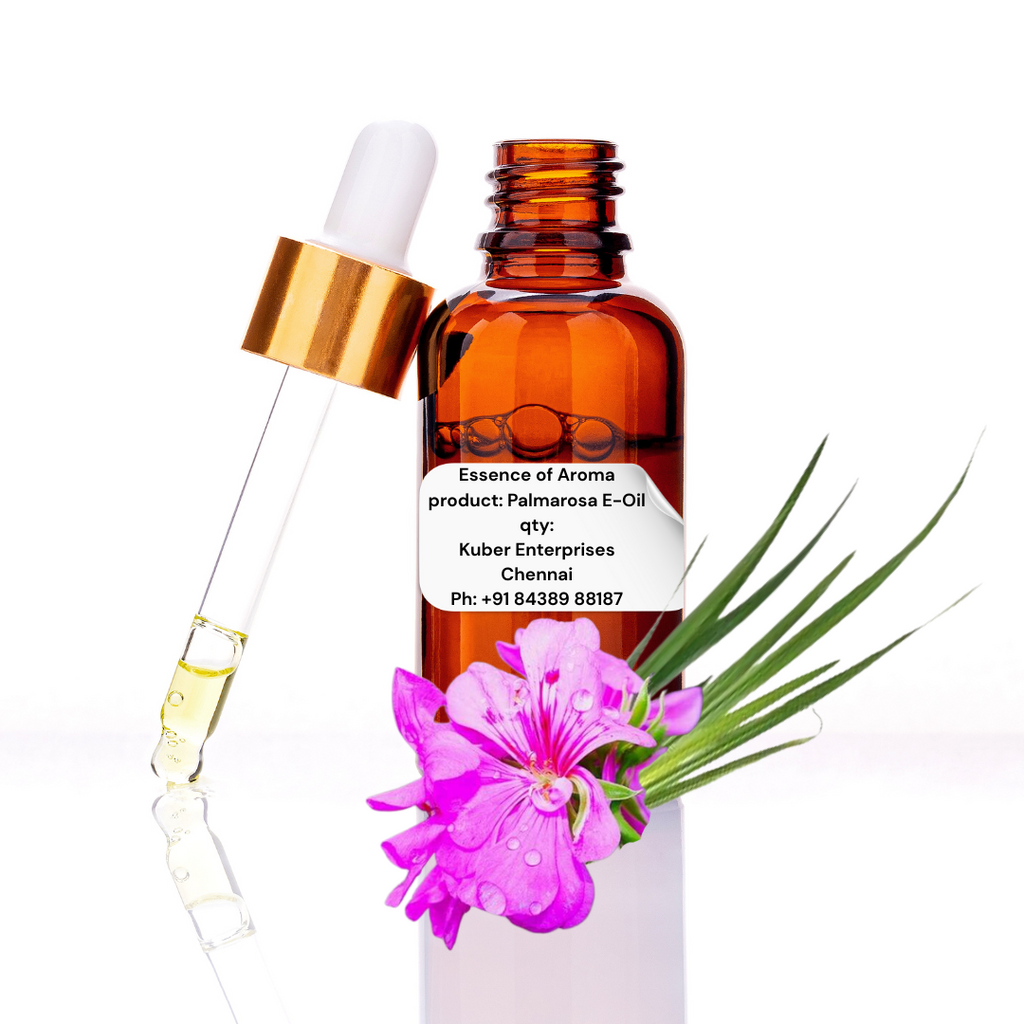 palmarosa essential oil bottle with dropper and pink flower on a white background