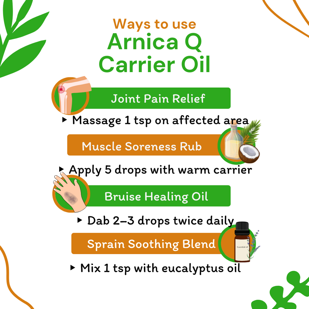 Instructions on using Arnica Oil for various health benefits.
