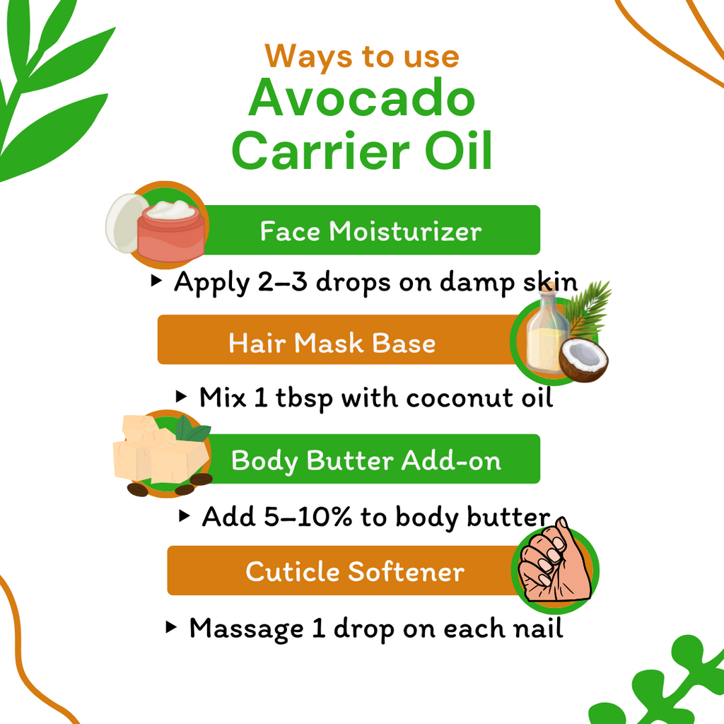 ways to use avocado oil for face moisturizer, hair mask base, body butter add-on, and cuticle softener.